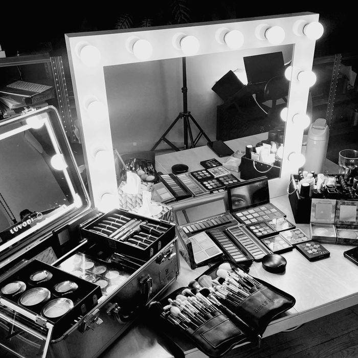 The makeup station, ready before the morning begins